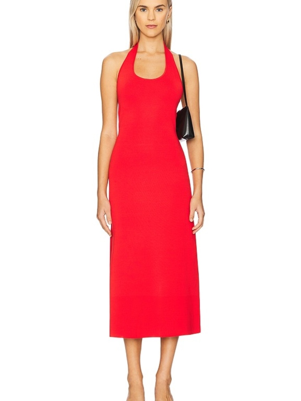 Sculpted Halter Midi Dress in Red